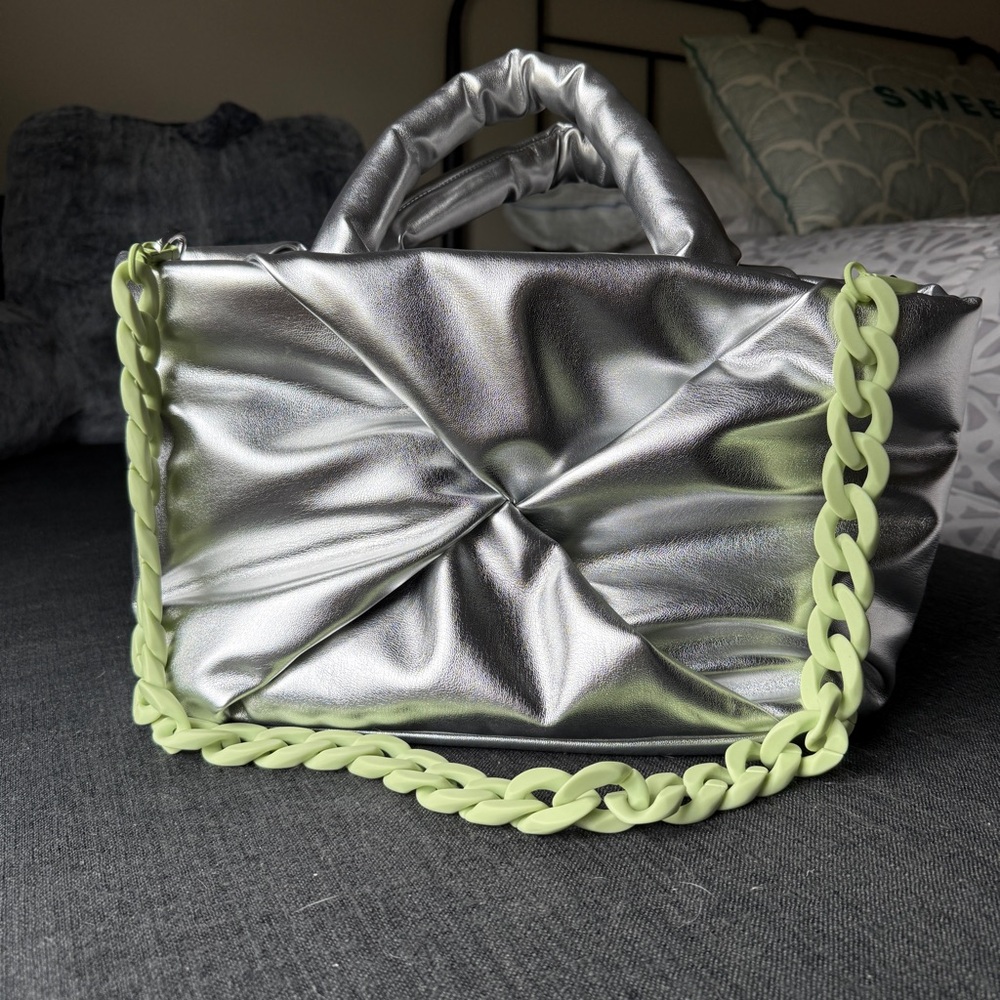 A New Day Silver Shoulder Bag with added green chain strap